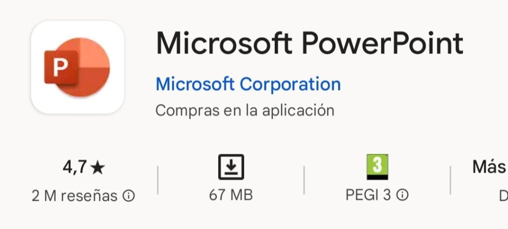Valoración de 4,7 en Google Play de Microsoft PowerPoint